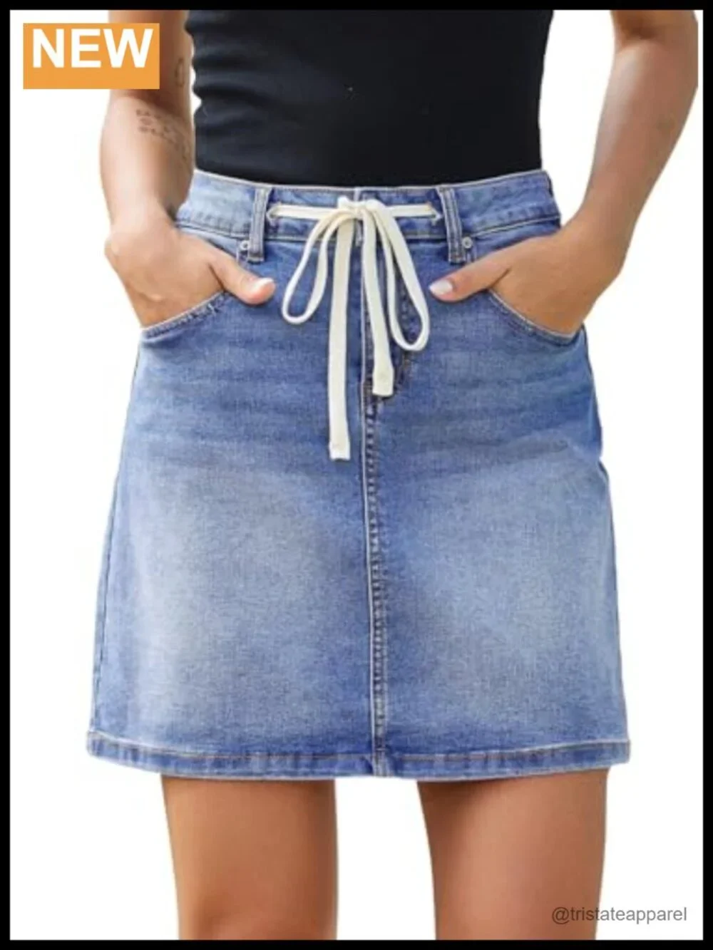 High Waist Drawstring Stretchy Denim Mini Skirt with Pockets